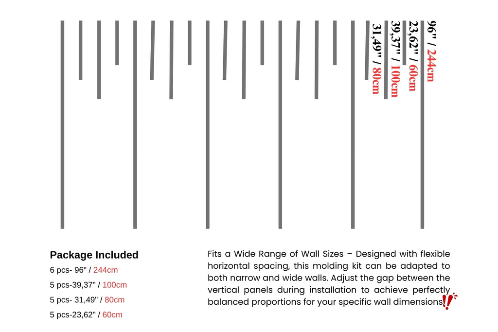 Measurement chart for wall molding with dimensions in centimeters and inches.