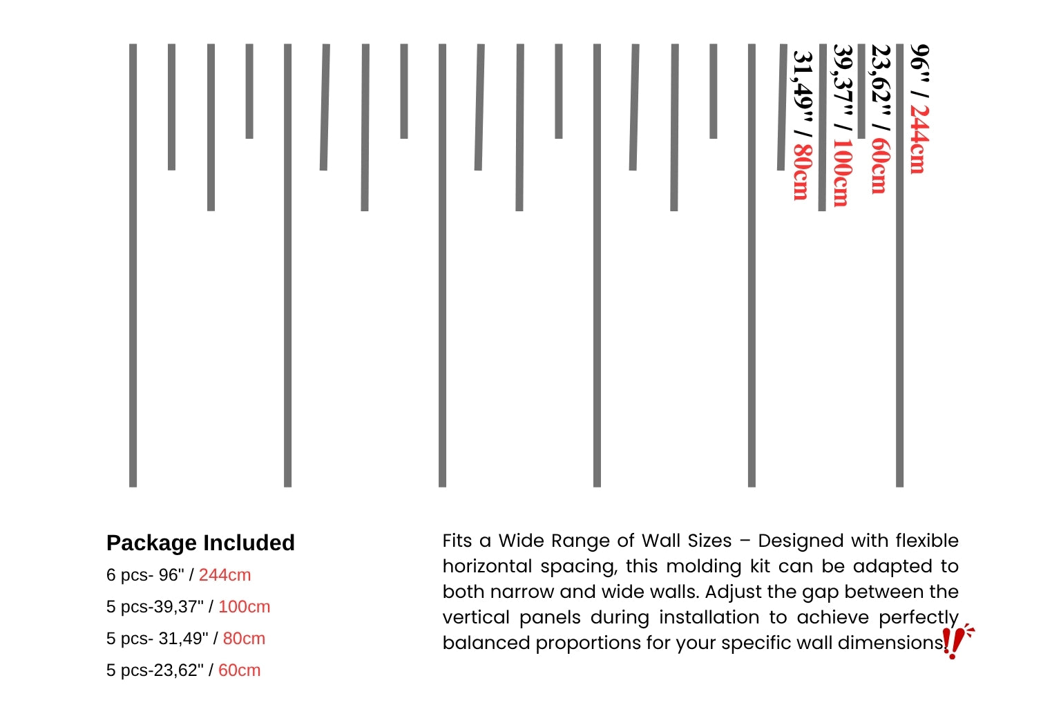 Measurement chart for wall molding with dimensions in centimeters and inches.