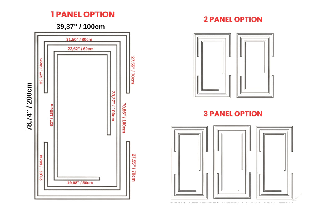 Diagram showing different panel options with dimensions in inches and centimeters.