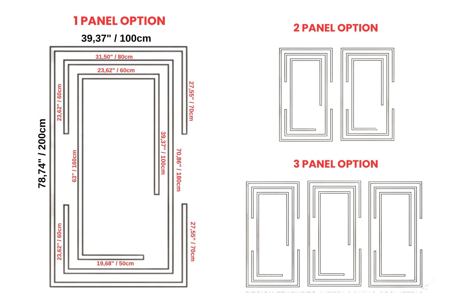 Diagram showing different panel options with dimensions in inches and centimeters.