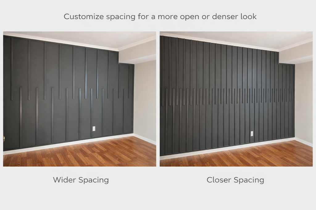 Two views of a wall with black paneling showing different spacing options.