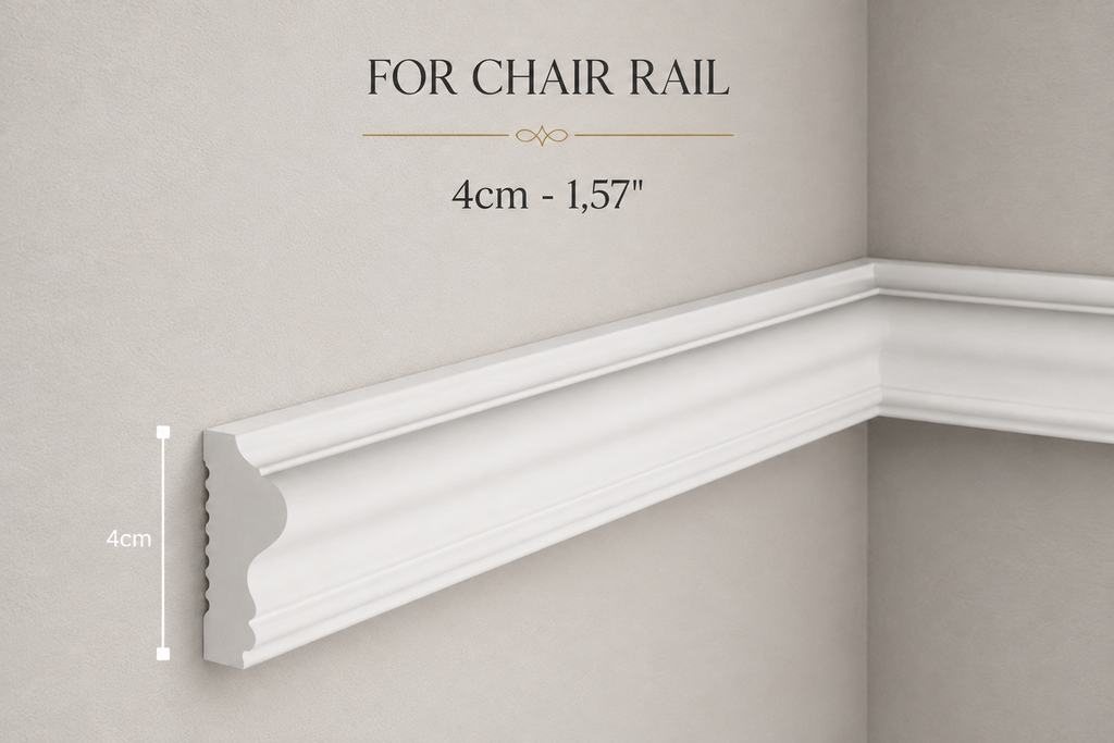 White chair rail molding shown installed in a corner wall with overlaid text reading 'FOR CHAIR RAIL' and '4cm - 1,57"' plus a vertical measurement marker of 4cm.