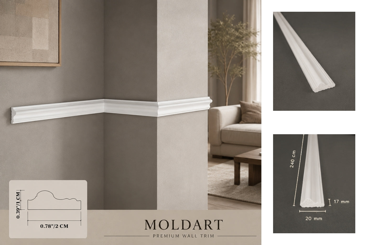 White decorative molding trim shown installed on a wall corner in a styled interior, with inset detail views showing the profile shape, cross-section dimensions, and product branding Moldart.