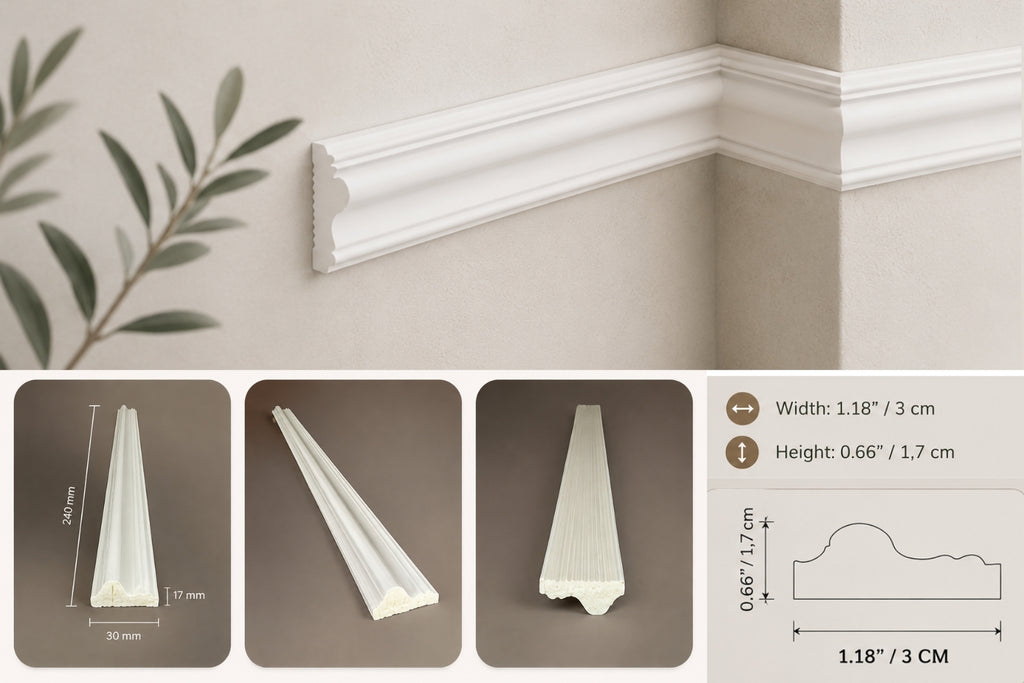 White decorative molding trim shown installed on a beige wall corner, with three smaller detail panels below showing the trim profile, dimensions, and a width/height measurement chart.