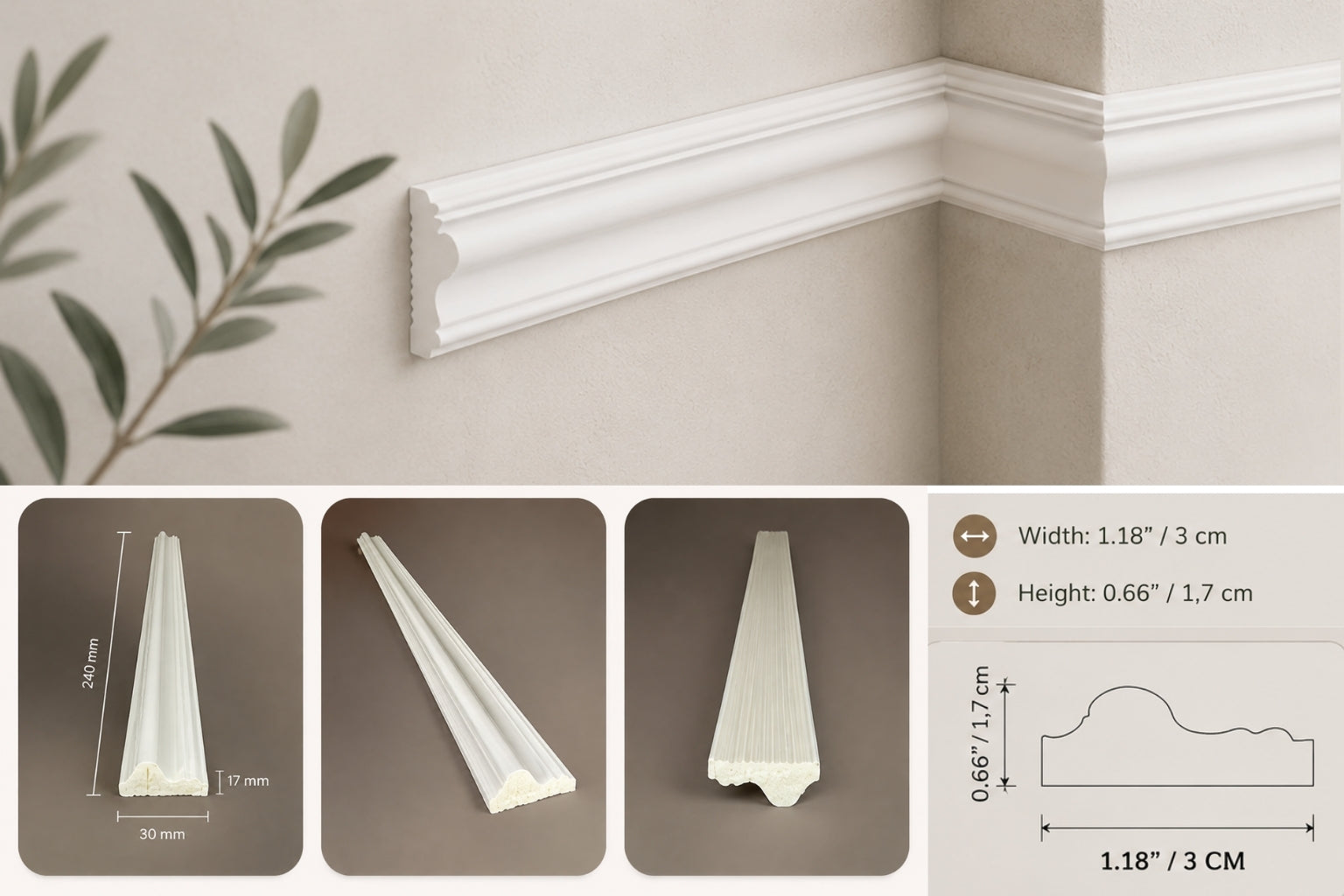 White decorative molding trim shown installed on a beige wall corner, with three smaller detail panels below showing the trim profile, dimensions, and a width/height measurement chart.