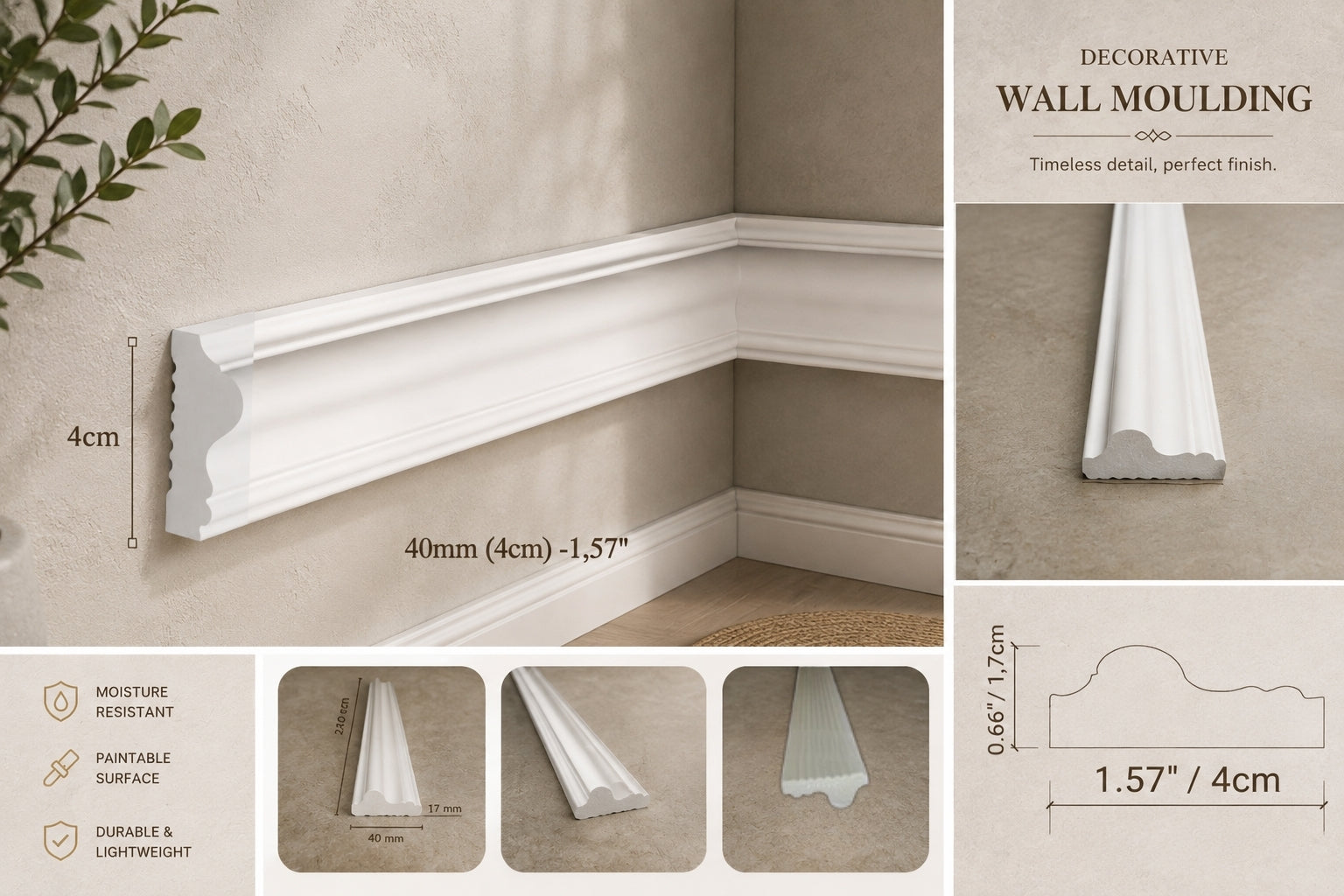 White decorative wall moulding trim shown installed in a room corner, with dimension labels, close-up detail views, and a small diagram. Text on the image reads 'DECORATIVE WALL MOULDING' and includes measurements such as 40mm (4cm)-1.