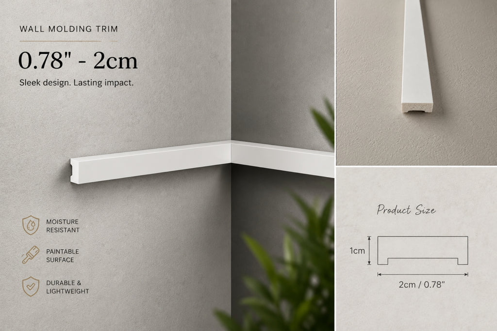 White flat wall molding trim shown installed on a gray textured wall, with text indicating 0.78" - 2cm size, product features, and a product size diagram.