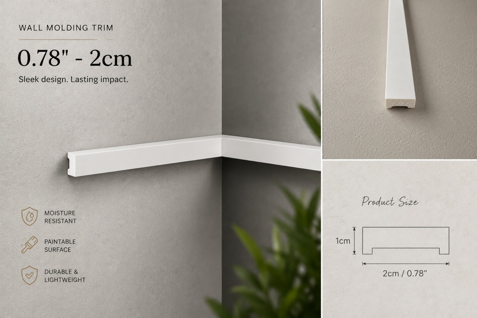 White flat wall molding trim shown installed on a gray textured wall, with text indicating 0.78" - 2cm size, product features, and a product size diagram.