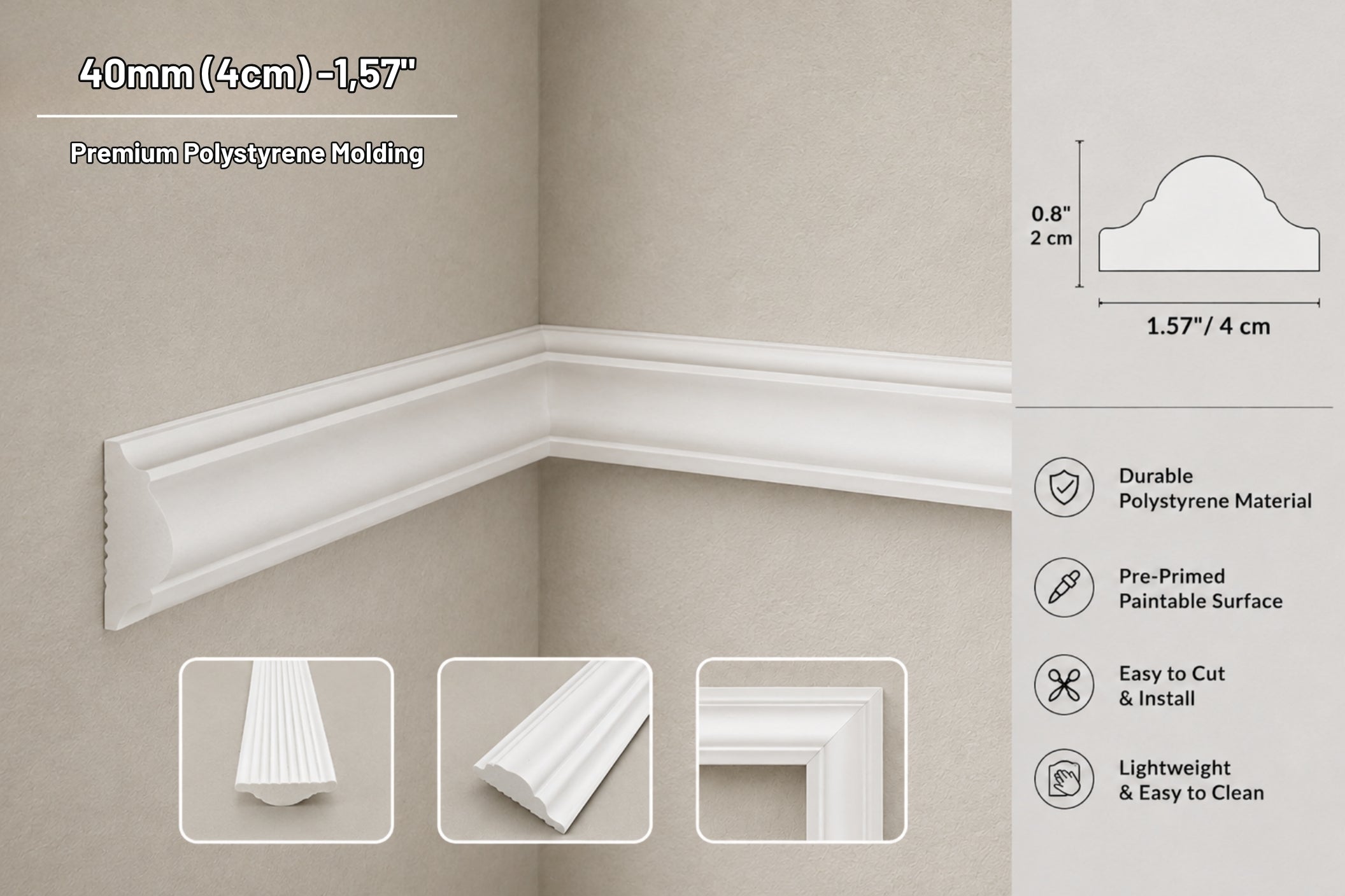White polystyrene molding trim shown installed on a beige wall, with dimension callouts, small detail inset photos, and feature icons on the right. Text reads 40mm (4cm)-1,57"