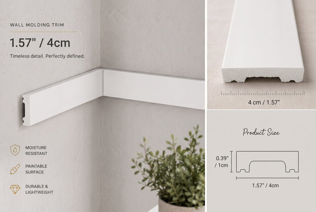 White wall molding trim shown installed in a corner of a light gray wall, with inset detail shots of the cross-section, a 4 cm width measurement, and a product size diagram. Text reads 'WALL MOLDING TRIM', '1.