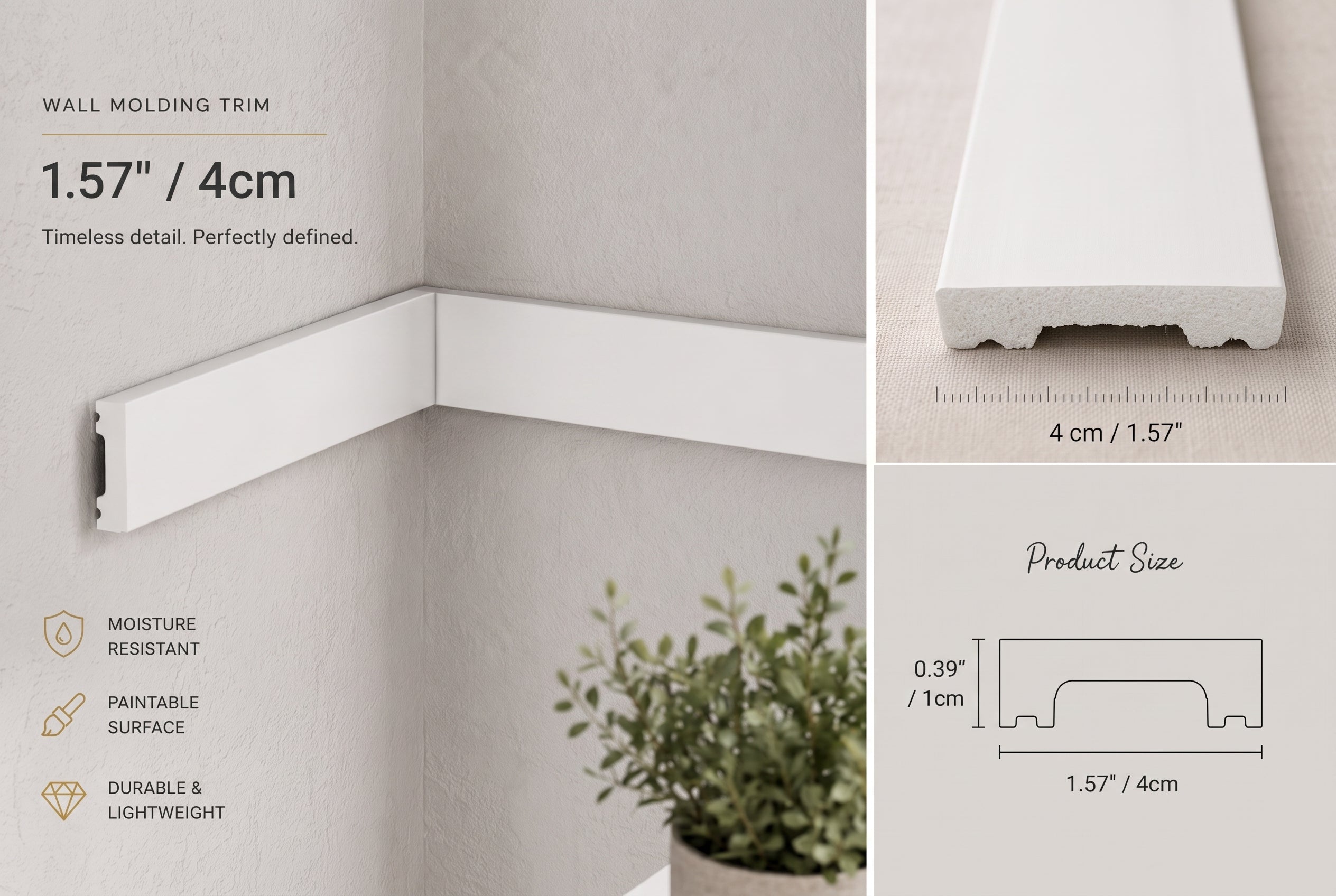 White wall molding trim shown installed in a corner of a light gray wall, with inset detail shots of the cross-section, a 4 cm width measurement, and a product size diagram. Text reads 'WALL MOLDING TRIM', '1.