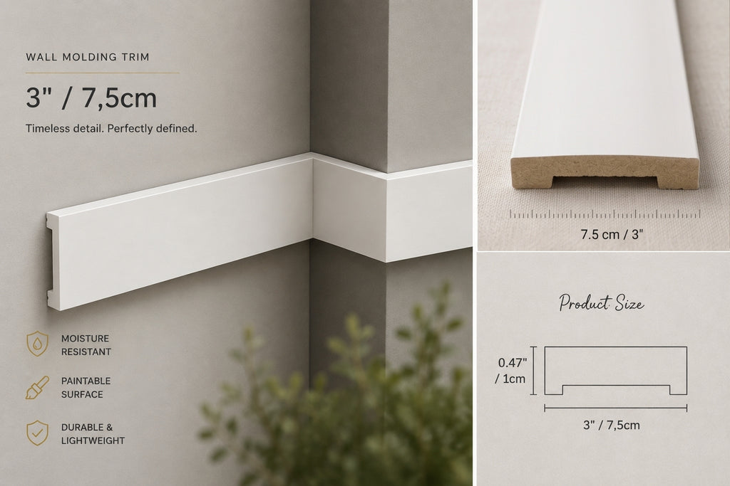 White wall molding trim shown installed in a corner, with text indicating 3 inches / 7.5 cm size and feature callouts like moisture resistant, paintable surface, and durable lightweight.