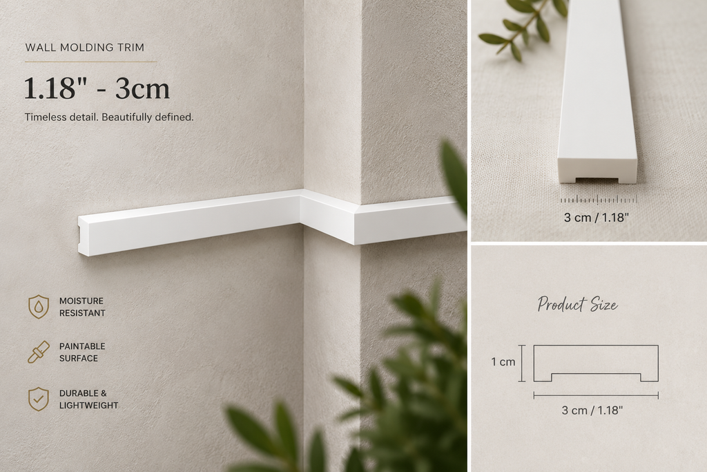 White wall molding trim shown installed at a corner on a beige wall, with text indicating 1.18" - 3cm size and product features, plus a small inset showing the trim profile and dimensions.