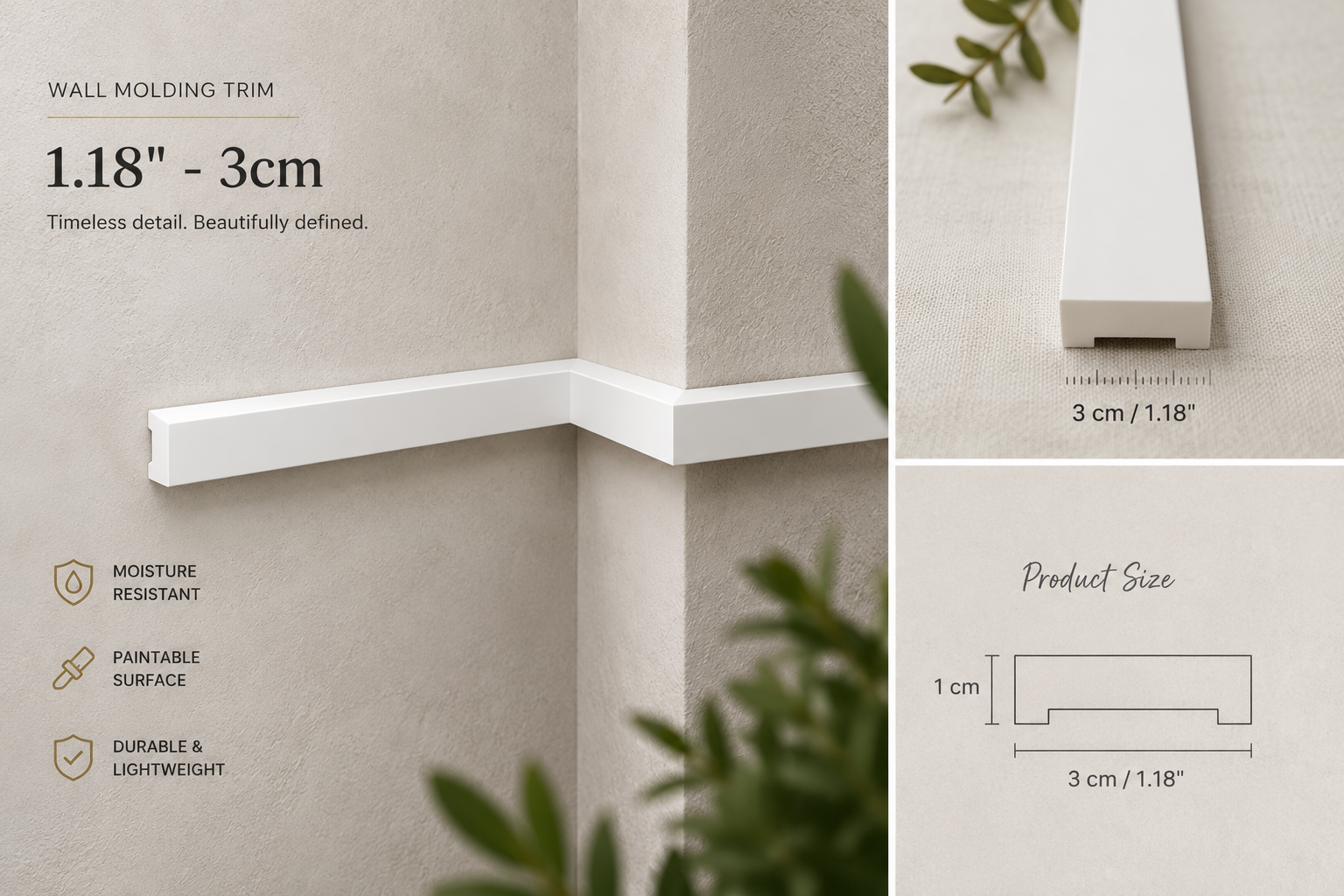 White wall molding trim shown installed at a corner on a beige wall, with text indicating 1.18" - 3cm size and product features, plus a small inset showing the trim profile and dimensions.