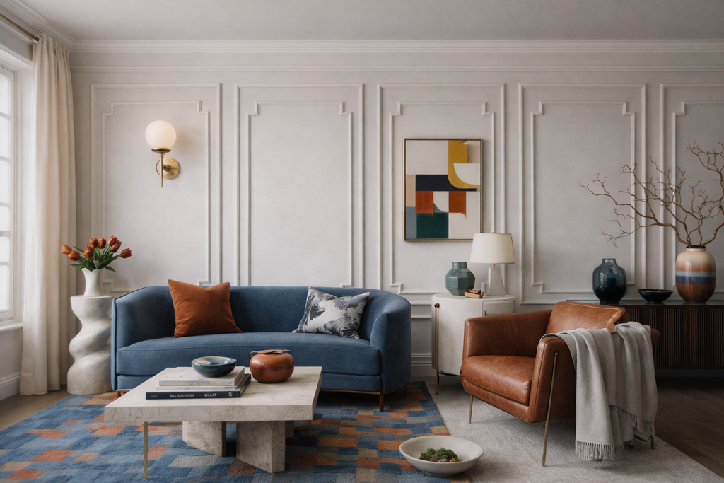 Modern living room with decorative wall molding, a blue sofa, brown armchair, and decorative items.