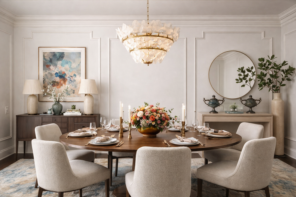 accent wall paneling with precut wall molding decorative picture frame trim panels interior design- Elegant dining room with a round table, chairs, and decorative elements.