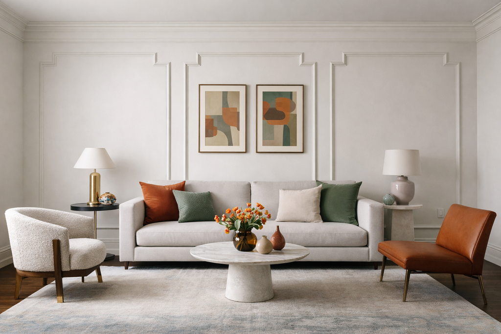 modern accent wall molding kit decorative wall trim panels installed in living room, with a gray sofa, armchair, and coffee table.