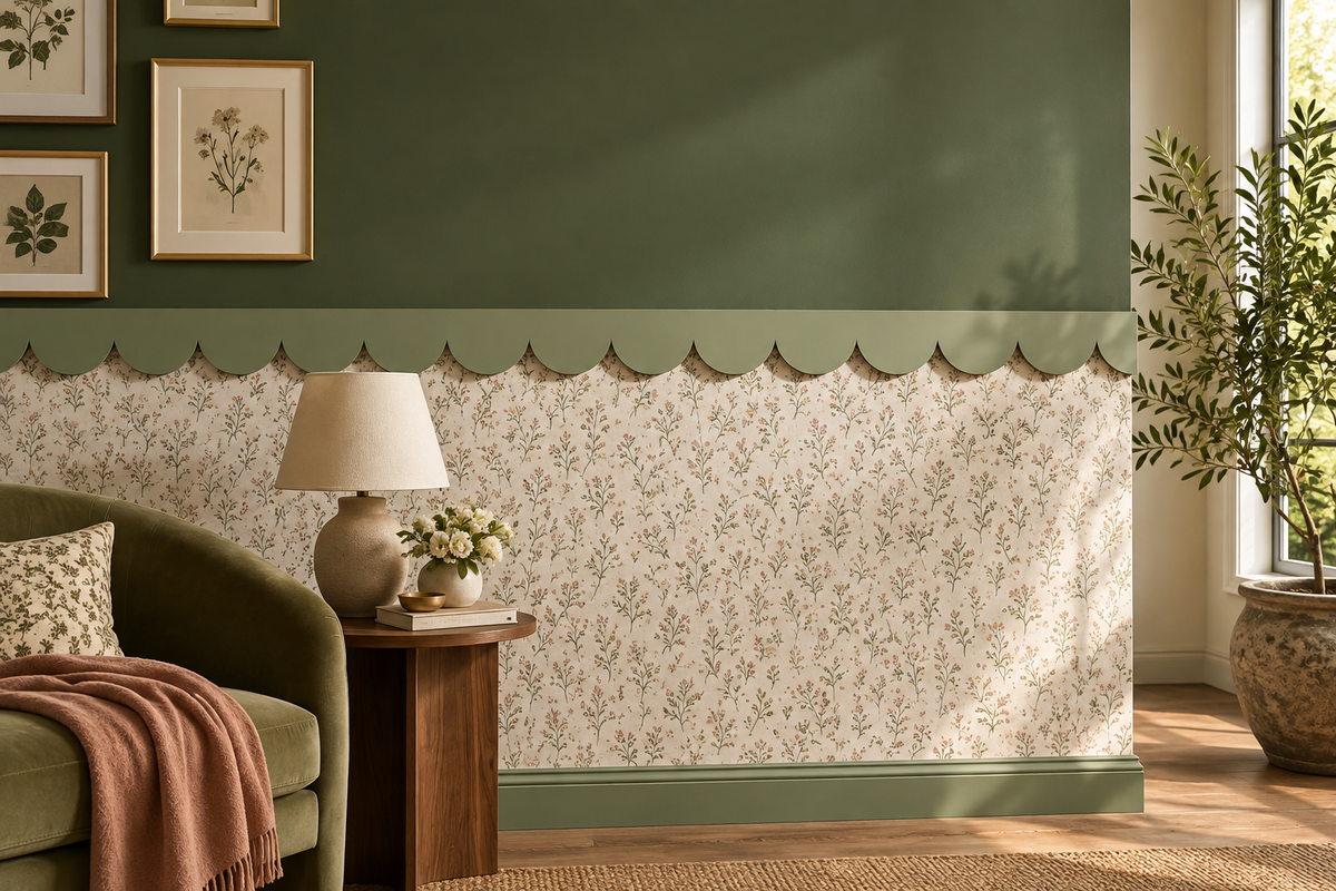 A styled interior room scene showing wallpaper applied to a wall. The wallpaper has a scalloped top border and a dense small floral print in muted green and cream.
