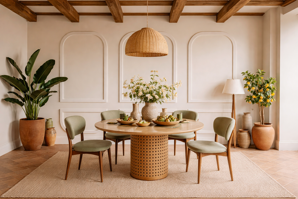 Elegant arch wall panel design for a luxury DIY accent wall décor for the dining room with a round wooden table and chairs, decorated with plants and flowers.