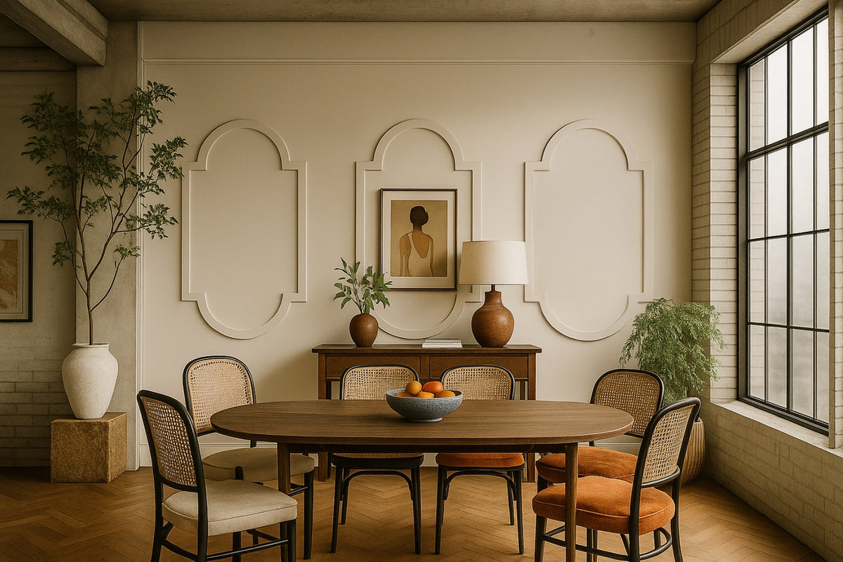 Dining room with a wall molding, wooden table, and chairs.