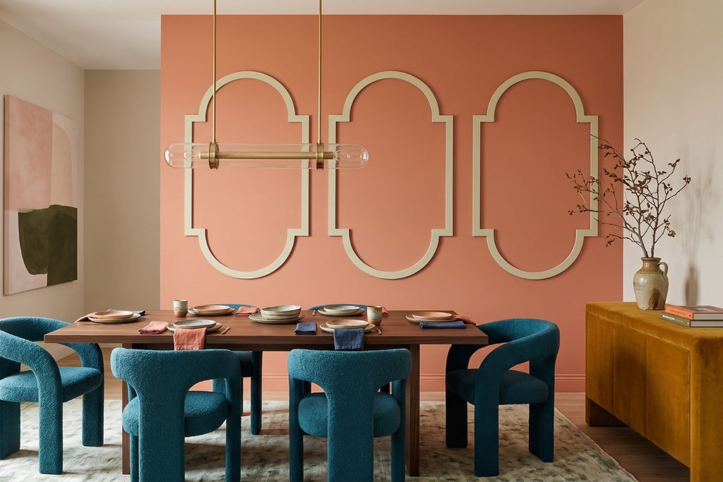 Dining room with a wall molding, wooden table, and blue chairs.