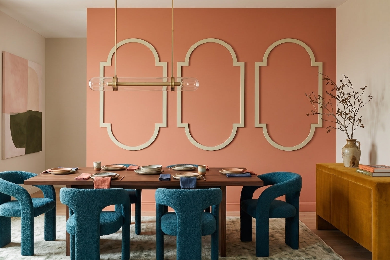 Dining room with a wall molding, wooden table, and blue chairs.