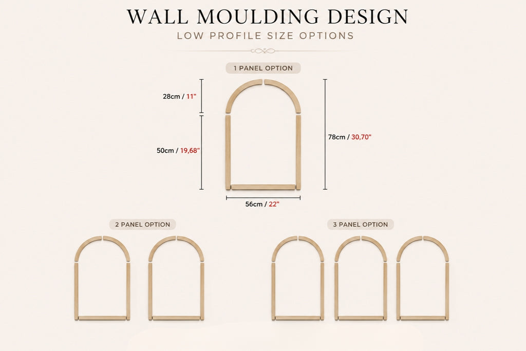 Wall moulding design with measurements on a white background