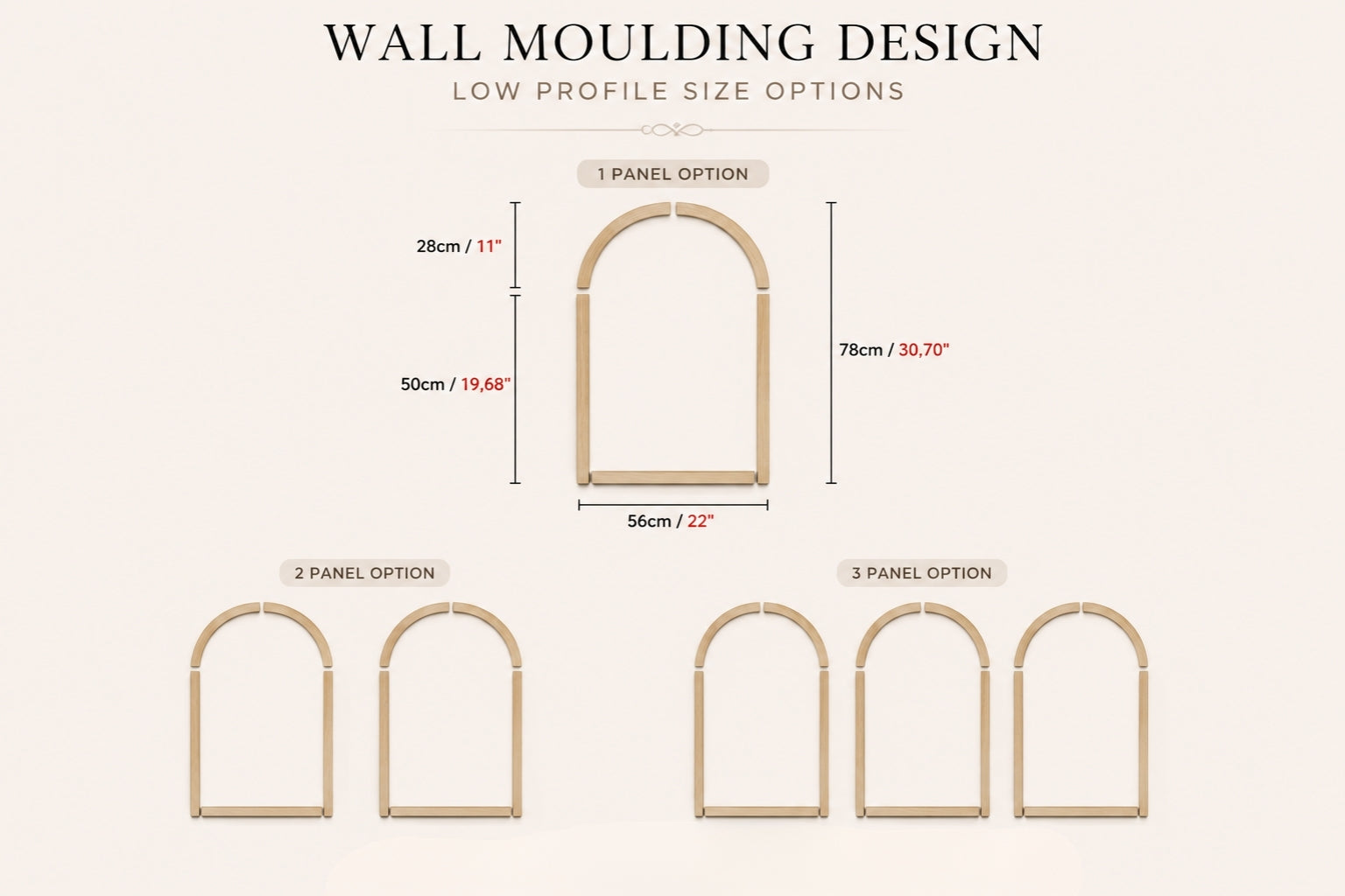 Wall moulding design with measurements on a white background
