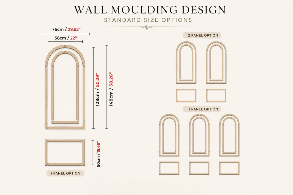 Wall moulding design with standard size options on a beige background