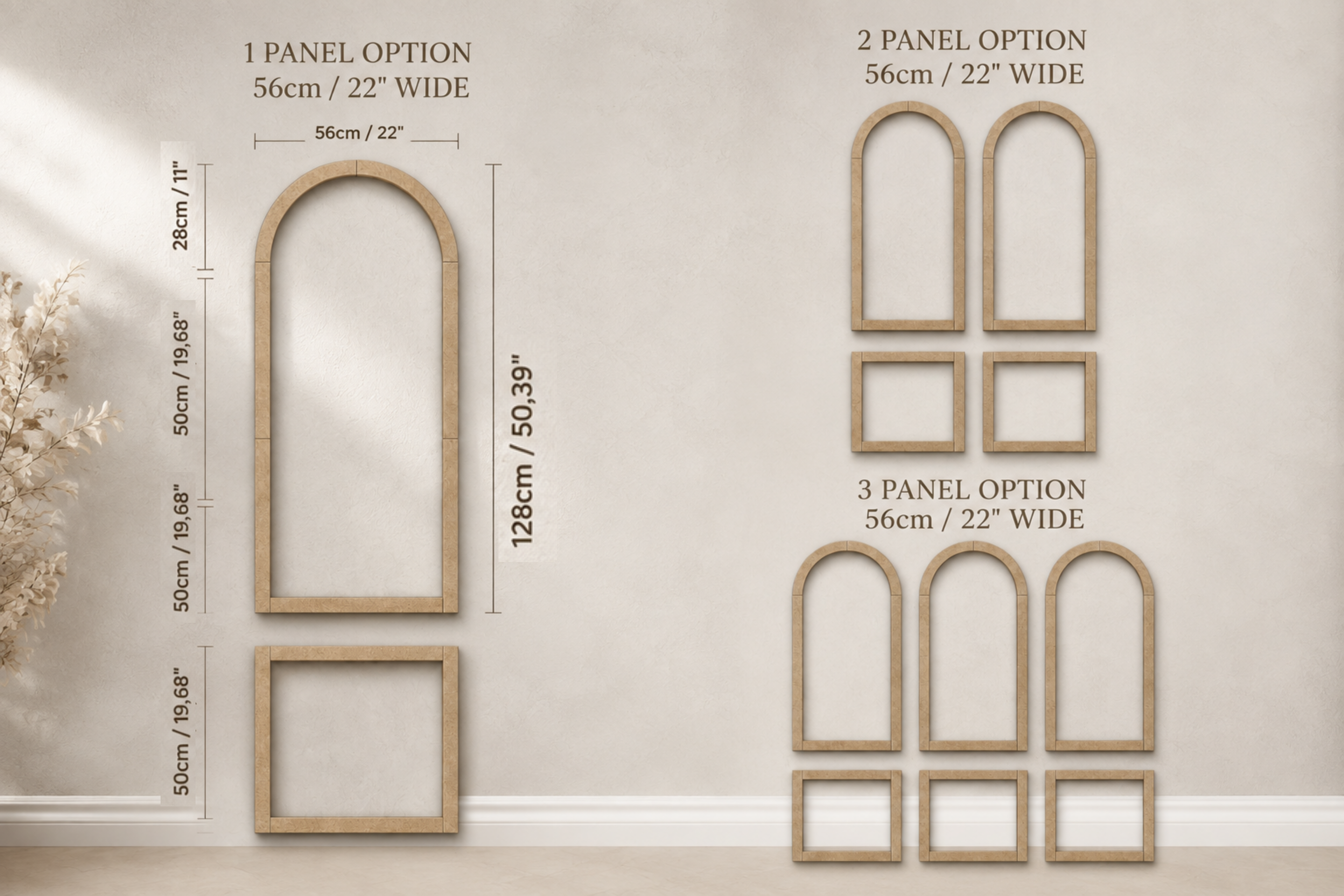 arched-wall-panel kit dimensions and package contents for a curved arch and wall molding set.