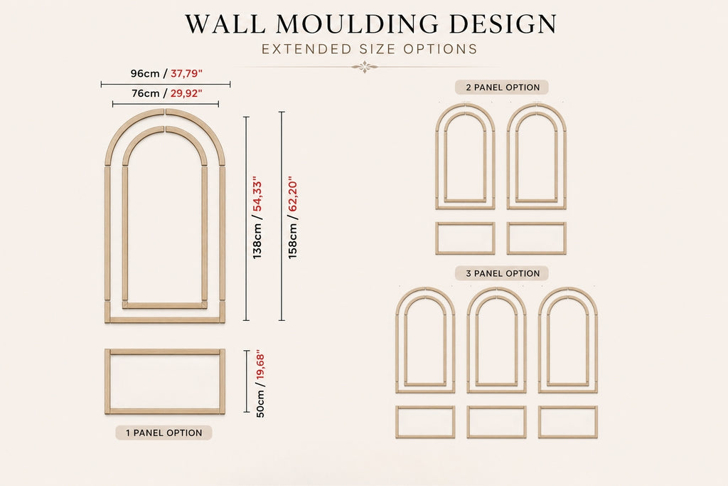 Wall moulding design with extended size options on a beige background
