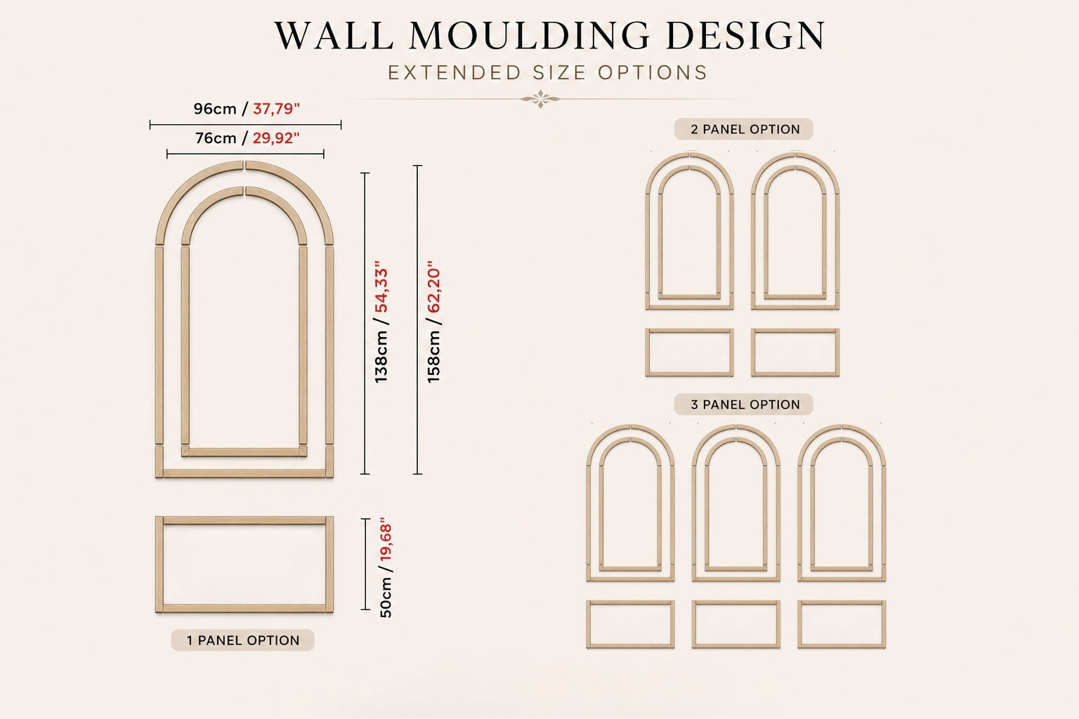 Wall moulding design with extended size options on a beige background