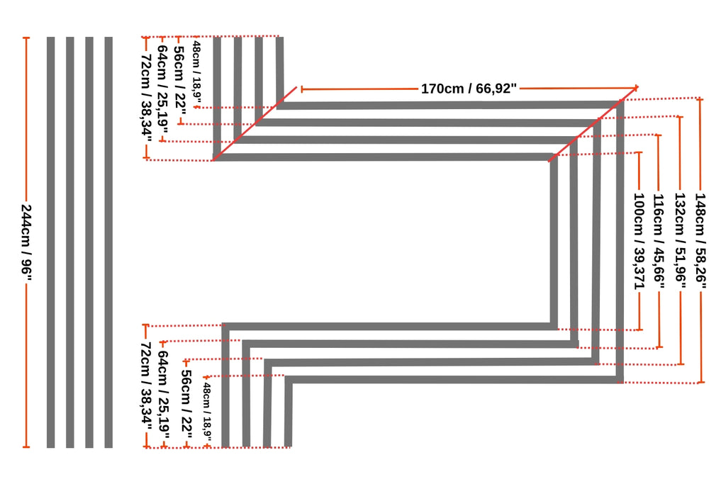 Technical dimension drawing of U-shaped wall molding design showing pre-cut polystyrene molding measurements and installation layout.