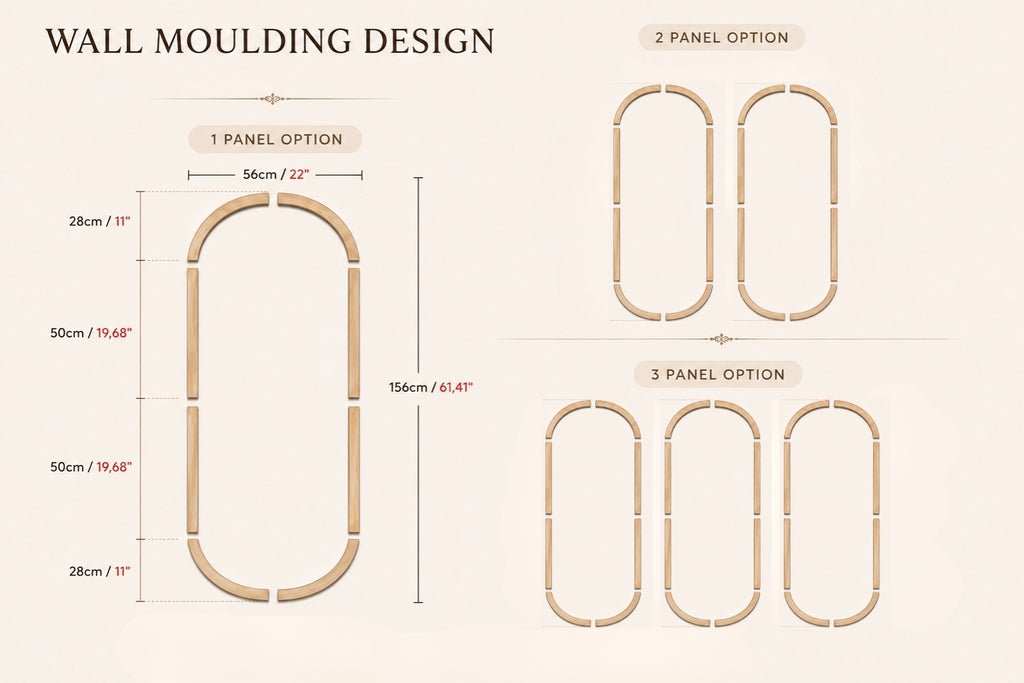 Diagram of wall moulding design options with measurements on a beige background