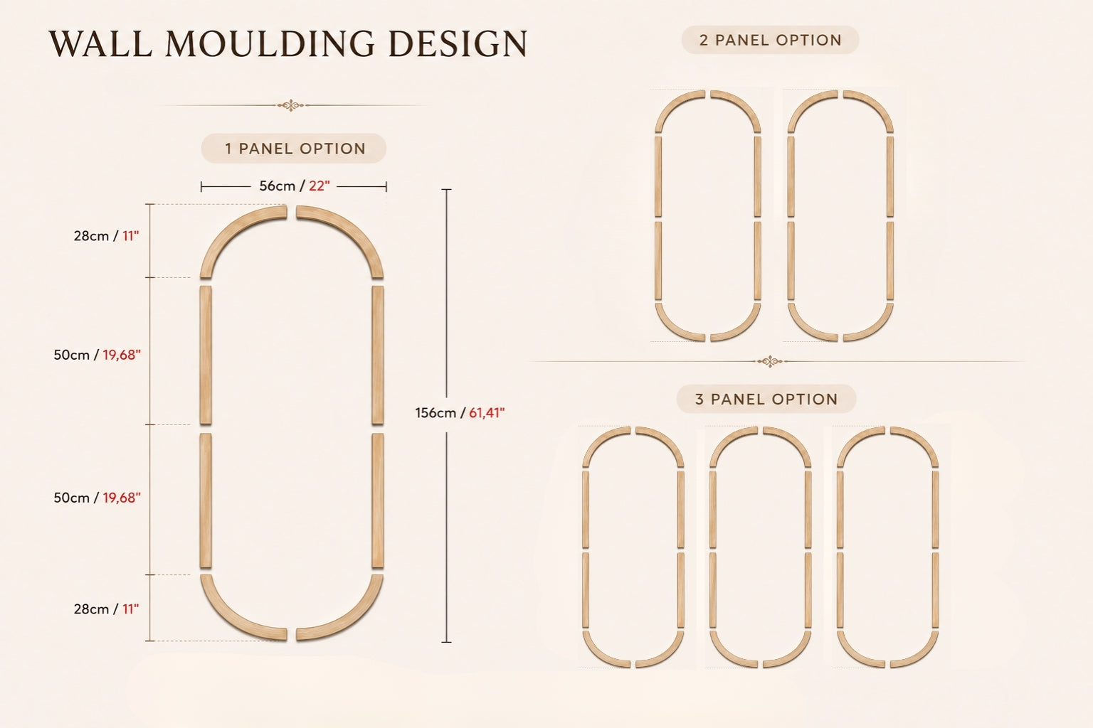 Diagram of wall moulding design options with measurements on a beige background