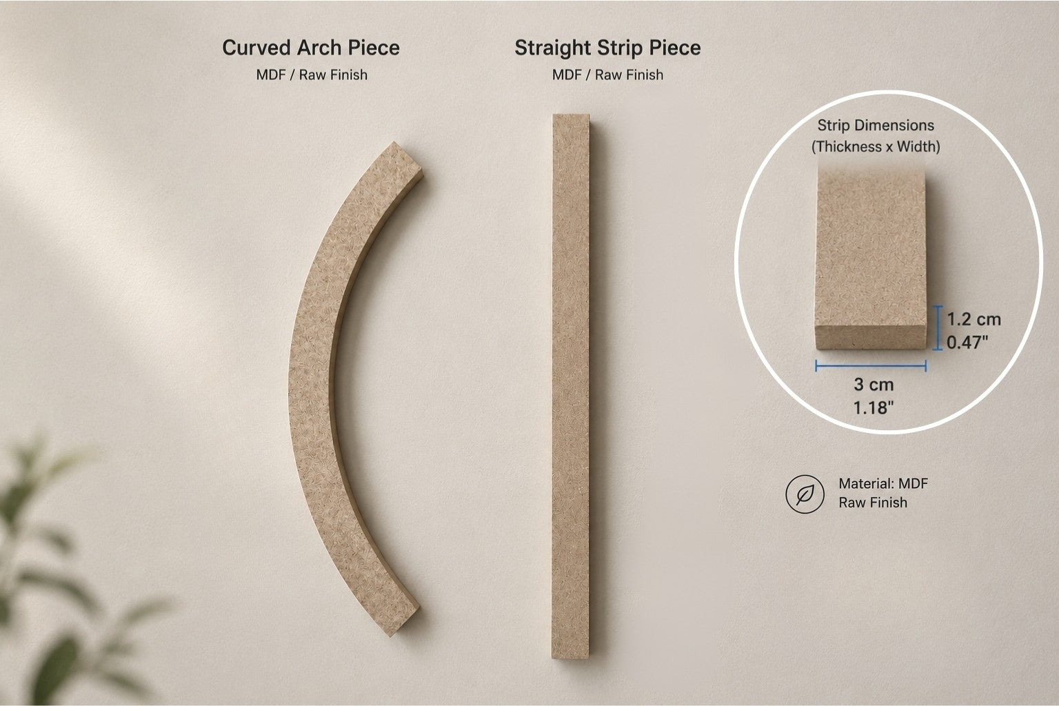 Raw MDF arch wall molding kit featuring one curved arch trim piece and one straight molding strip. 