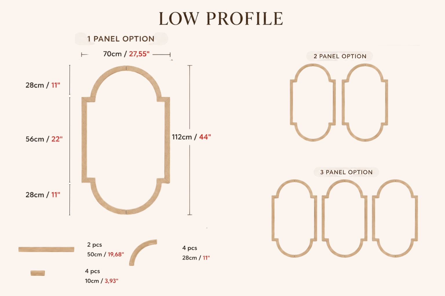 Diagram showing different panel options for a low profile design with measurements.