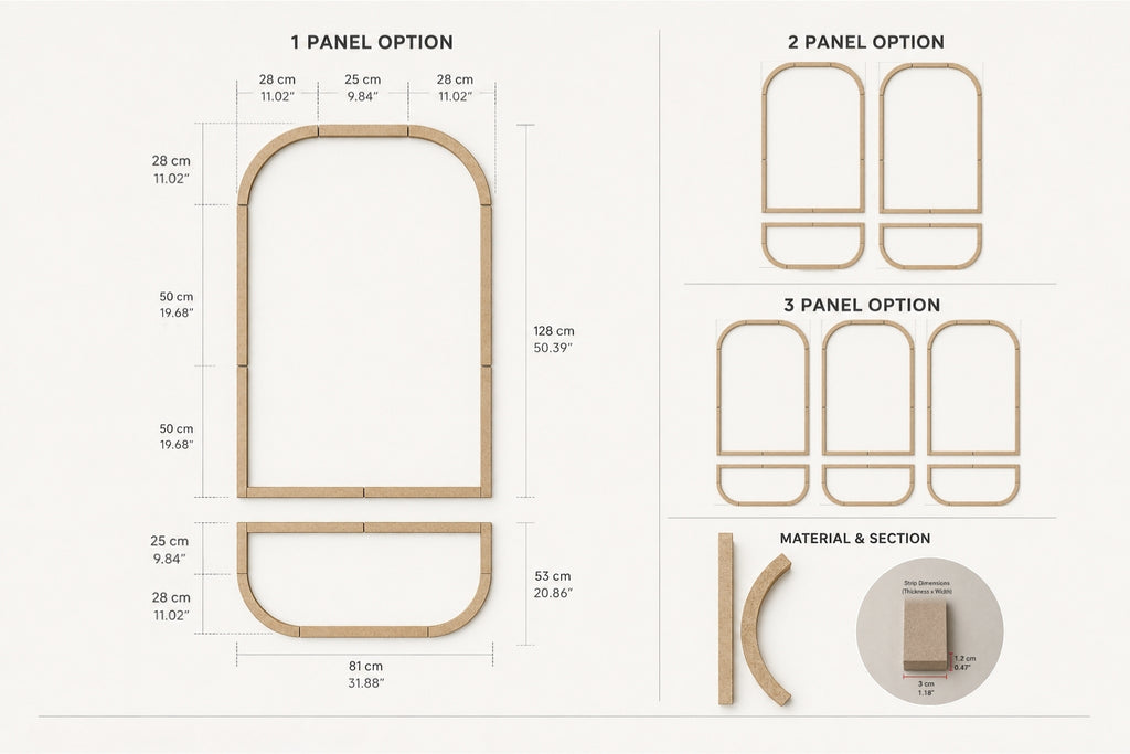 Diagram showing different panel options for a wooden frame with measurements.