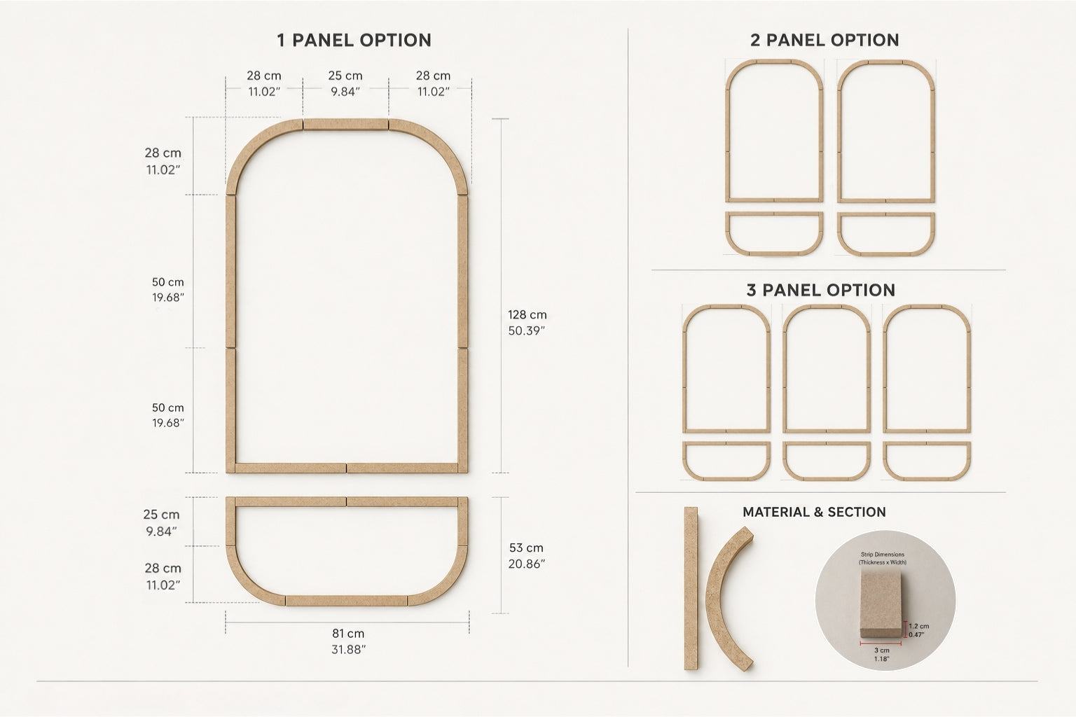 Diagram showing different panel options for a wooden frame with measurements.