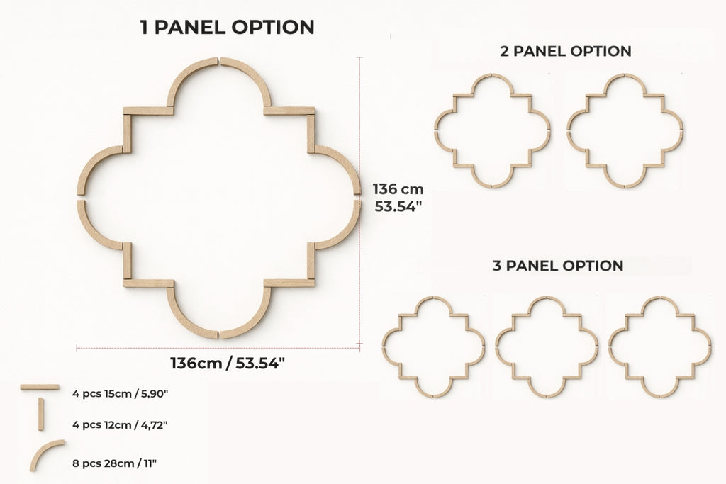 Diagram showing different panel options with measurements for a decorative item.