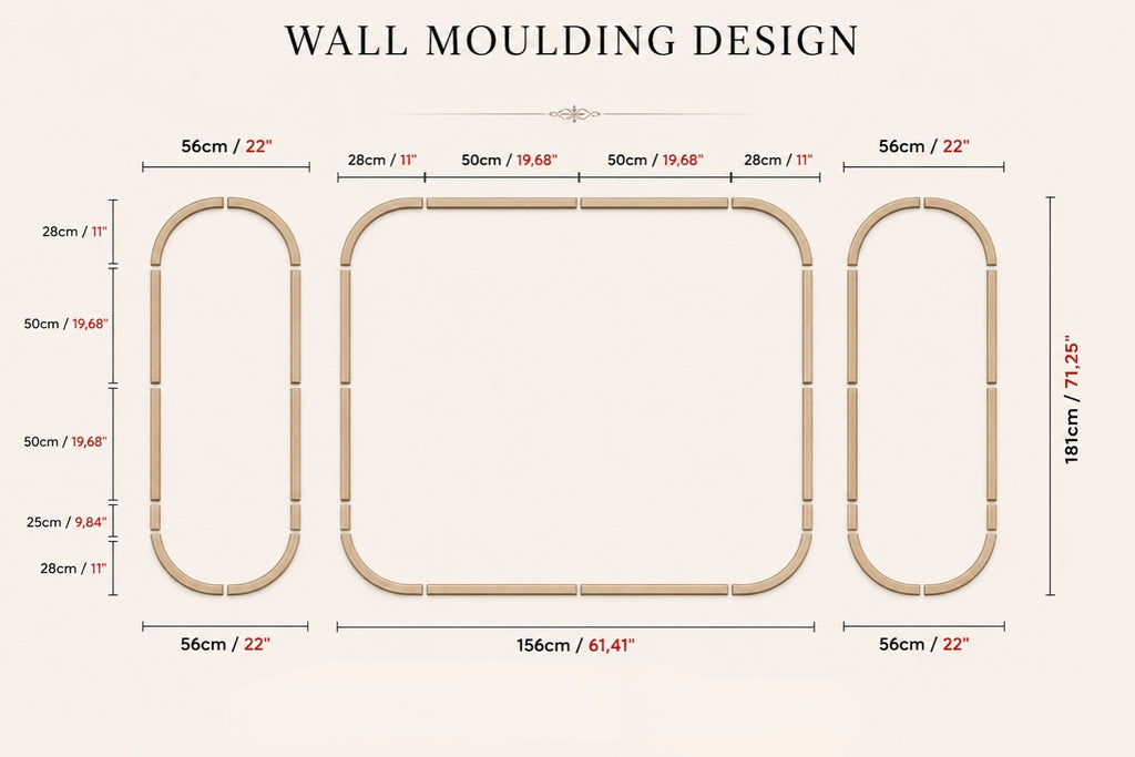 Wall moulding design with measurements on a beige background