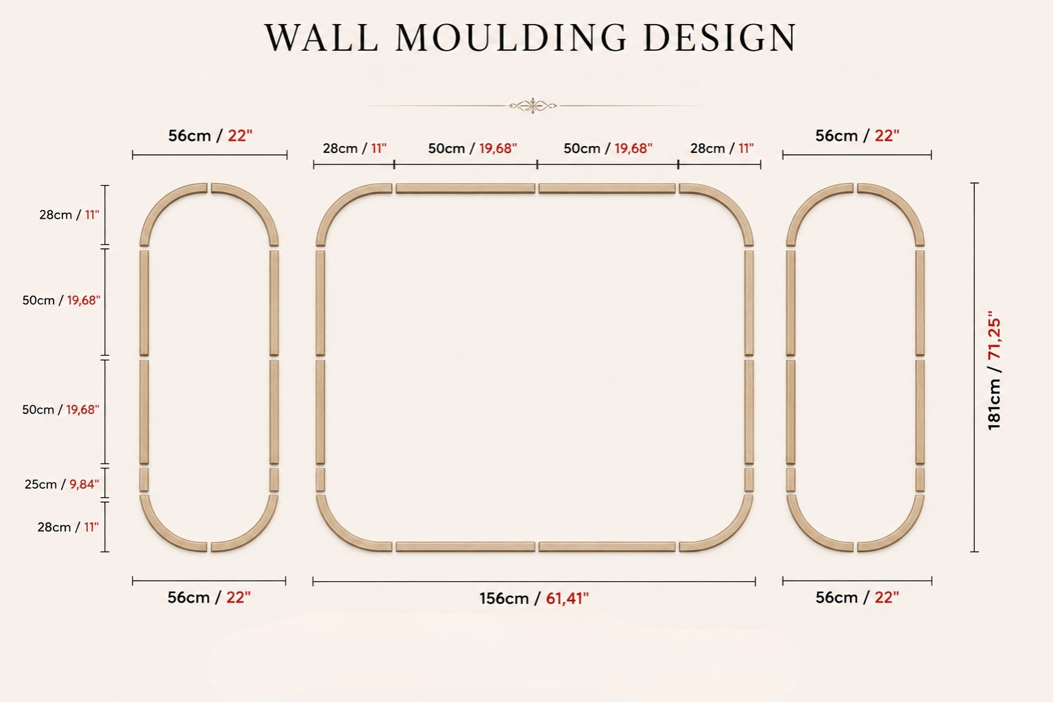 Wall moulding design with measurements on a beige background