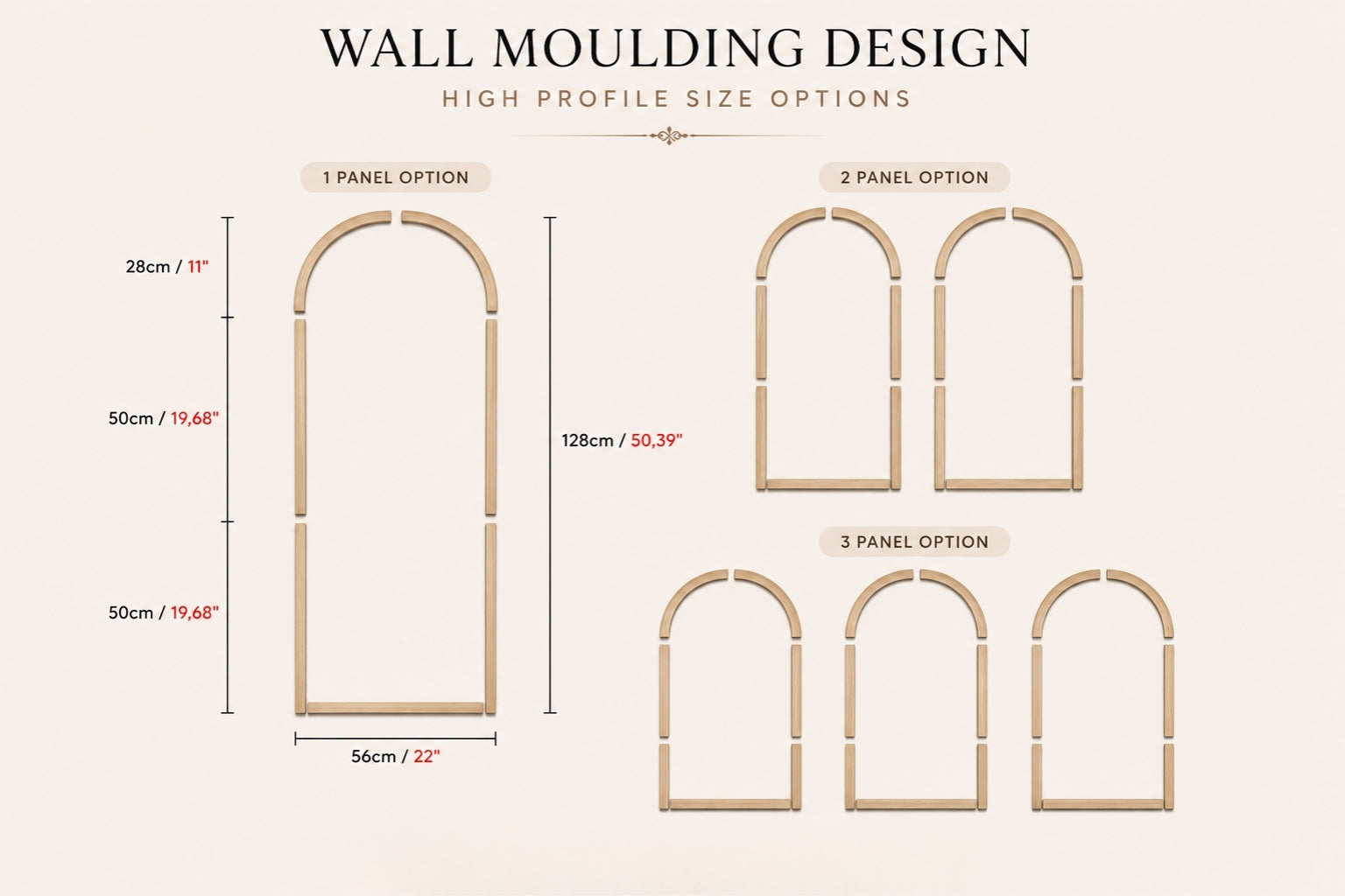 Wall moulding design options with measurements on a white background