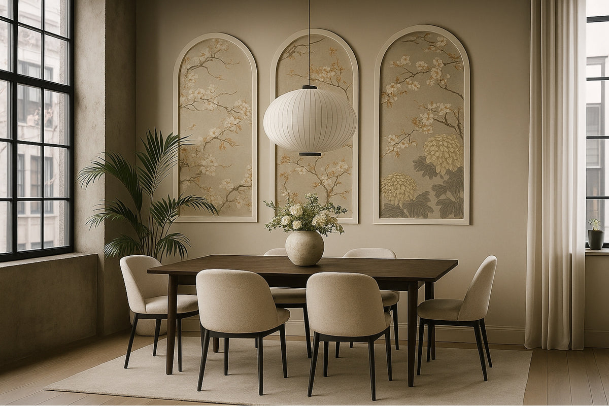 mdf wall molding arched design with wallpaper for Japandi-styled dining room
