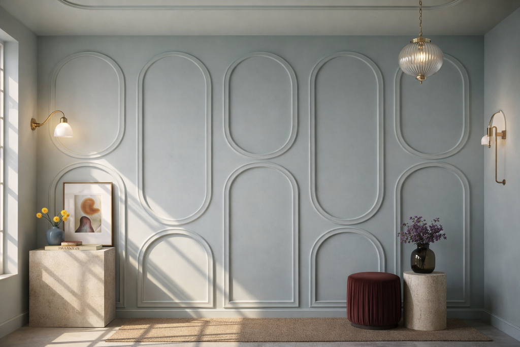 Modern hallway with arched wall molding accent wall design in neutral tones and elegant interior styling