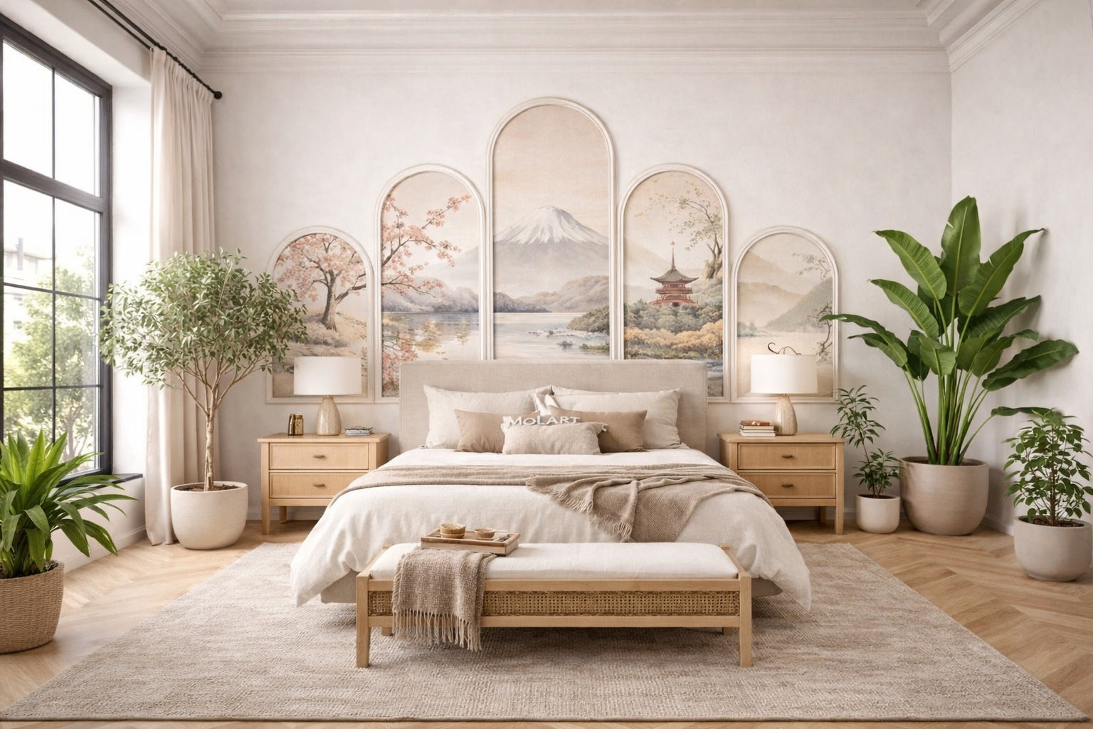 Arched wall molding installed in a Japandi style bedroom featuring Japanese inspired wallpaper, natural textures and calming neutral tones, with a bed, nightstands.