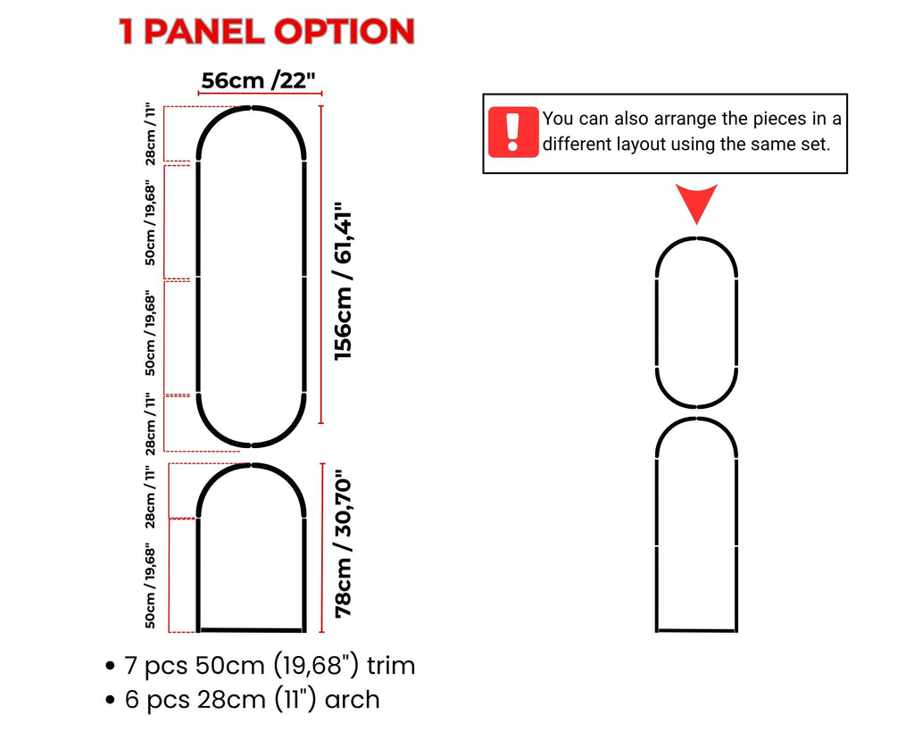 Arched wall molding kit 1 panel option with MDF trim dimensions diagram showing modern arch wall panel layout