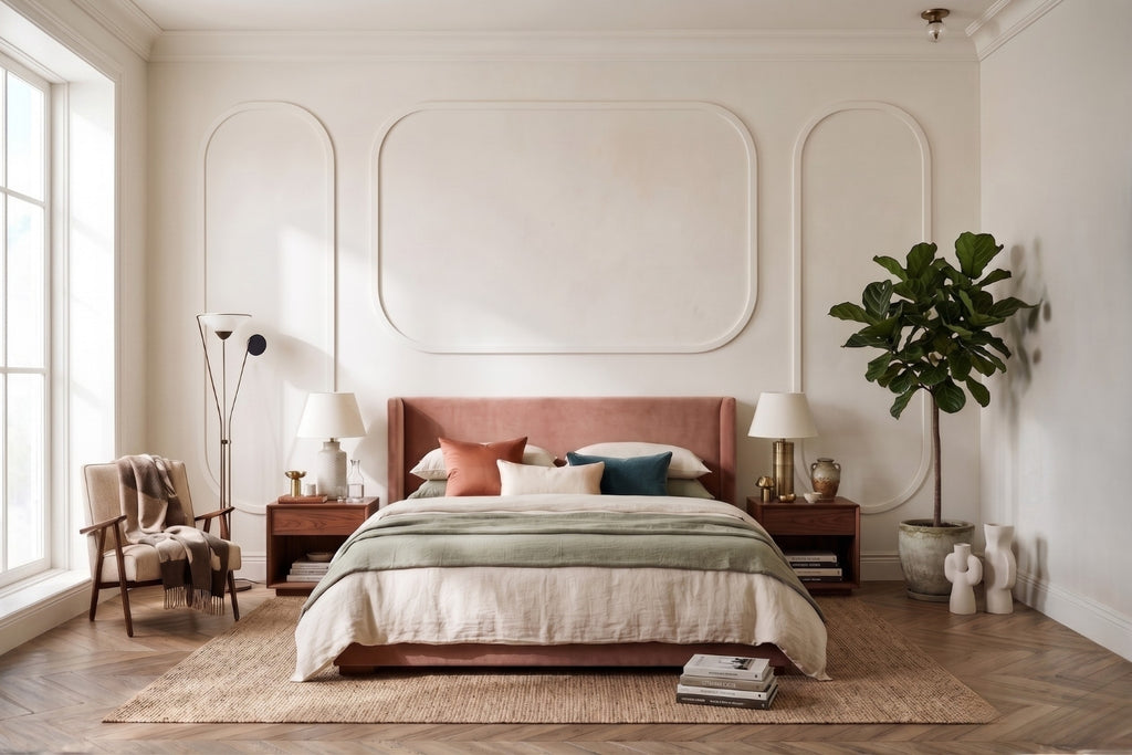 Modern MDF wall molding kit for luxury bedroom accent walls. Pre-cut DIY arched wall trim, paint-ready, easy installation, premium MDF design.