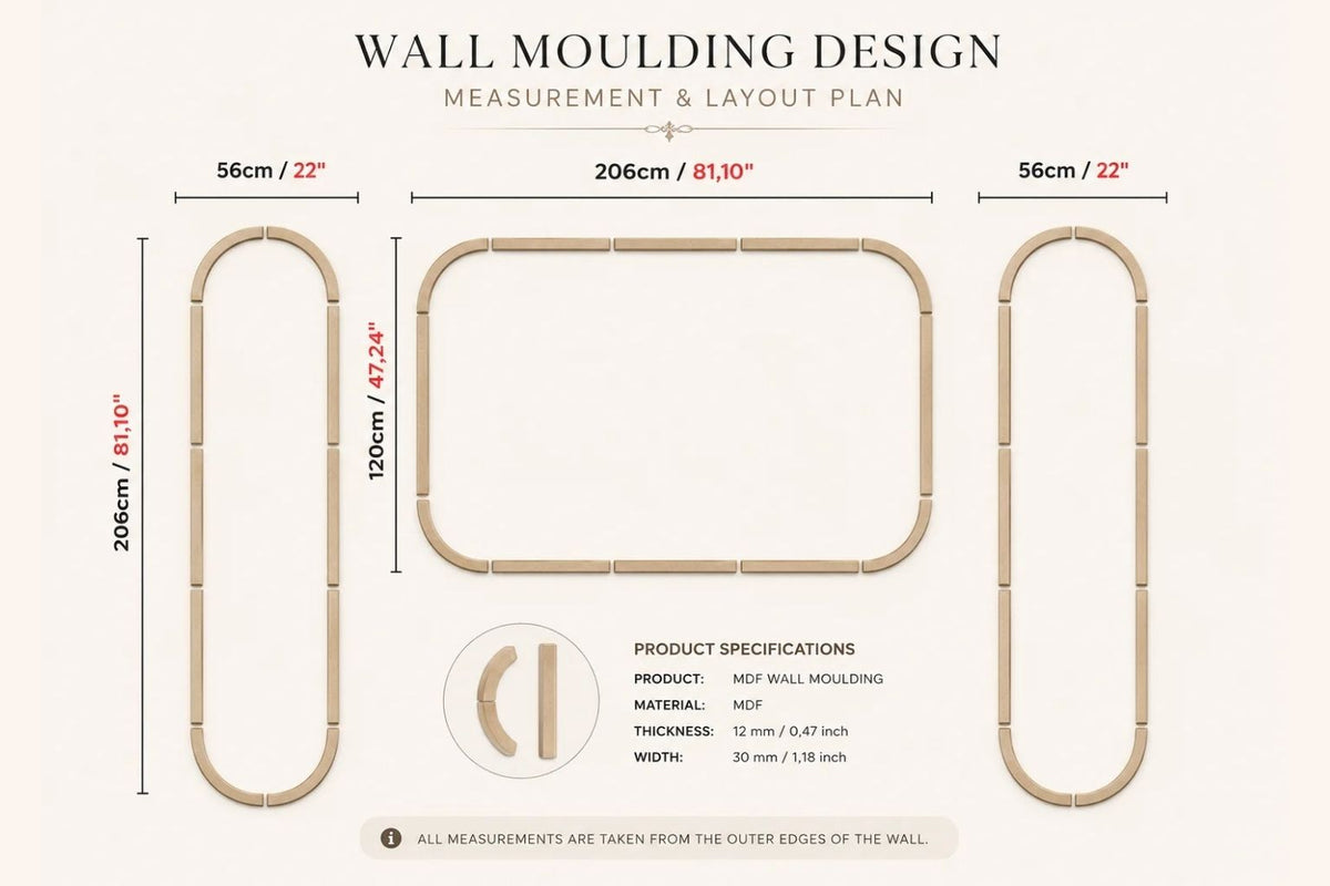 Measurement and layout plan diagram for wall moulding, showing three long U-shaped sections with dimensions labeled 206cm / 81.10 inches, 56cm / 22 inches, and 120cm / 47.