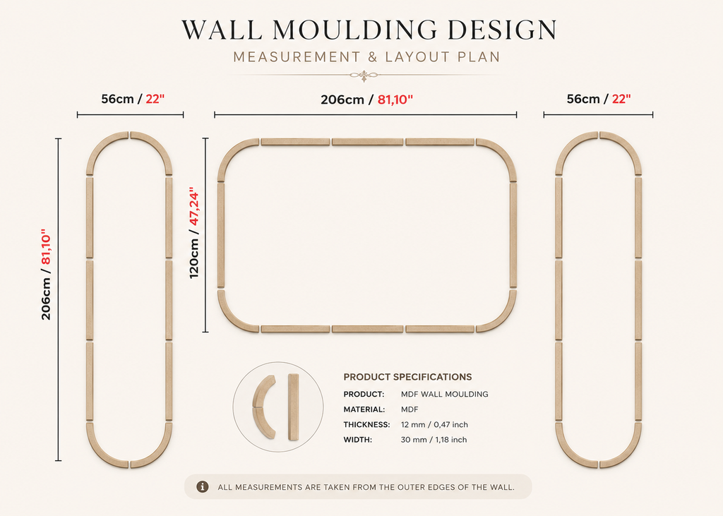 Wall moulding design measurement and layout plan with dimensions and specifications.
